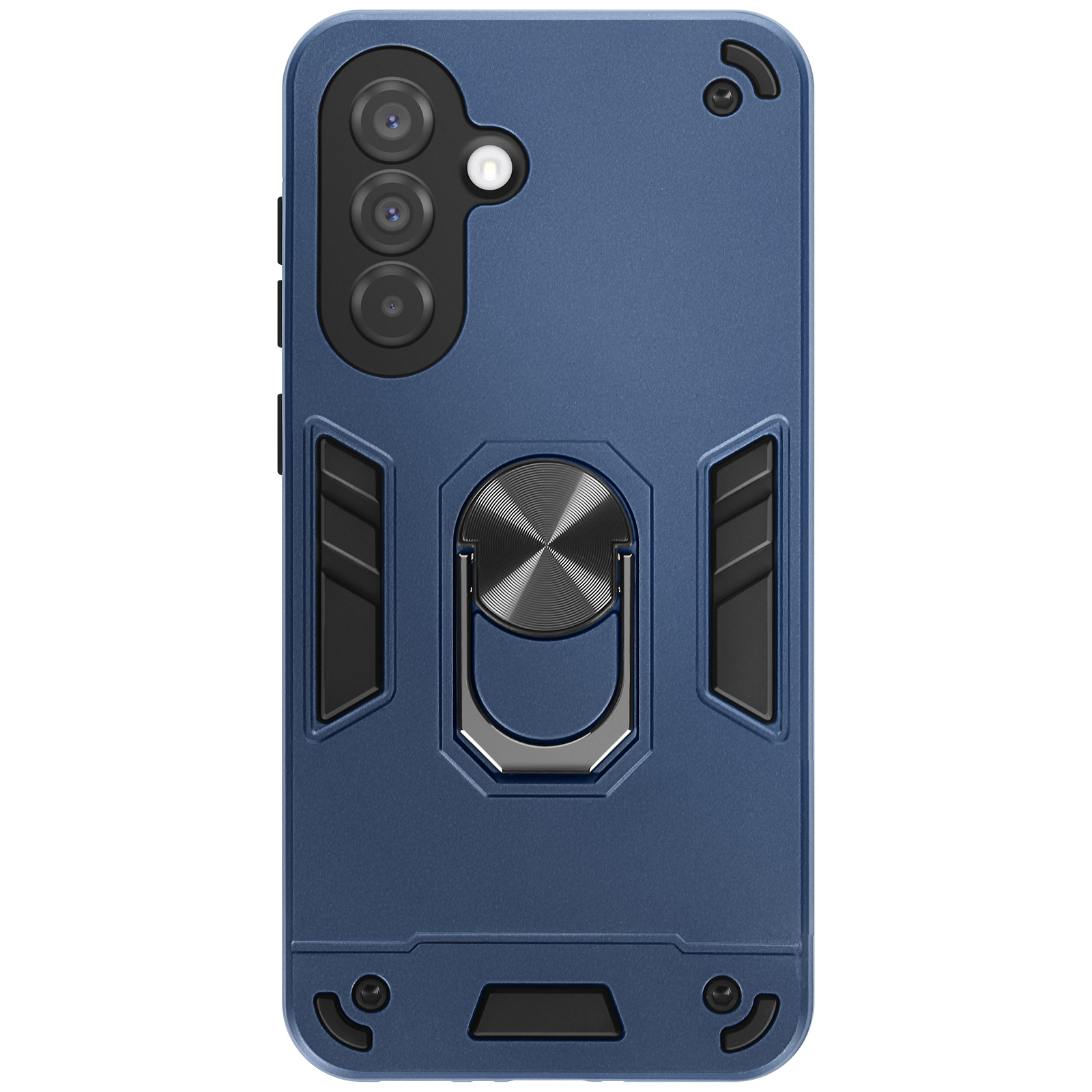 Custodia blu per telefono con anello. Tre fotocamere sono visibili.