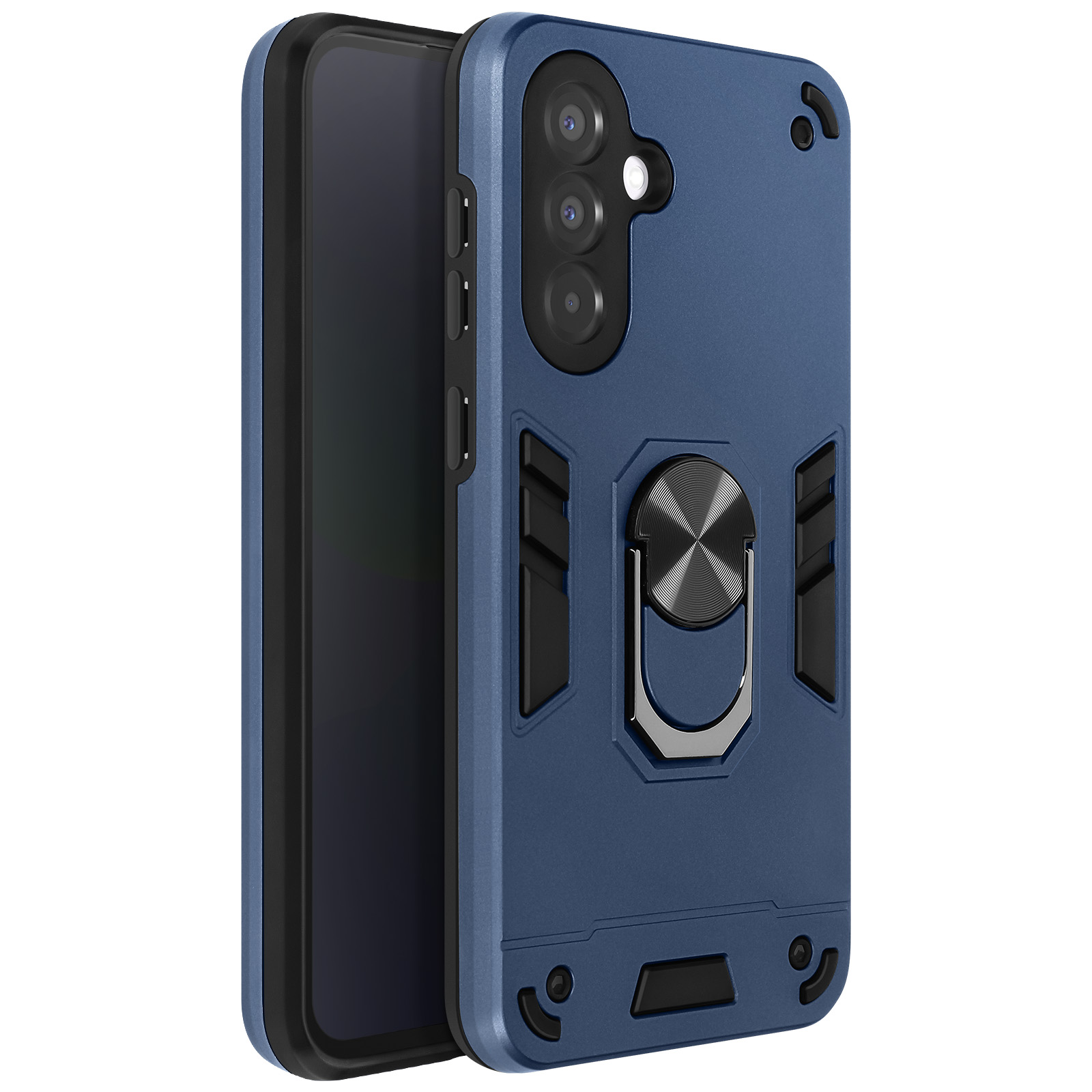 Custodia blu per telefono con anello. Tre fotocamere sono visibili.