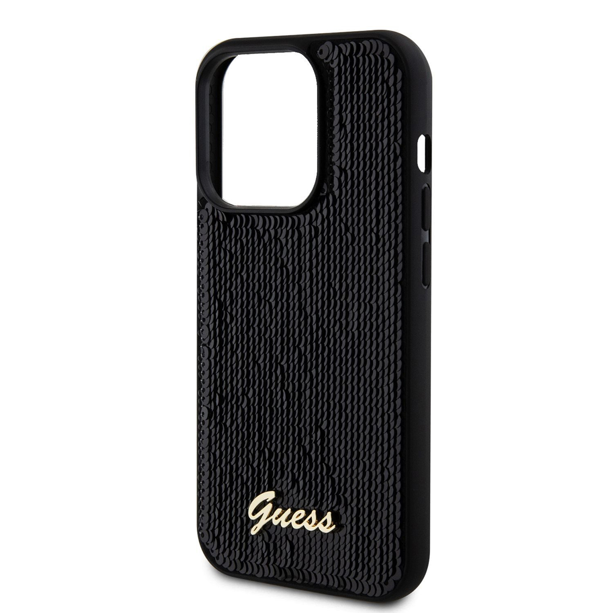 Custodia nera per telefono ricoperta di piccole paillettes nere, con logo Guess dorato in basso.