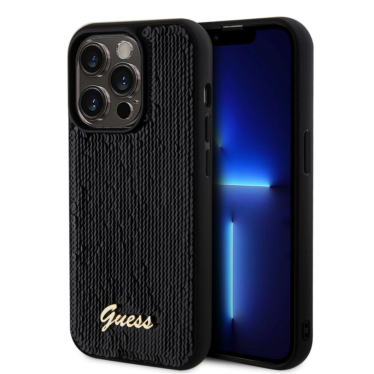 Custodia nera per telefono ricoperta di piccole paillettes nere, con logo Guess dorato in basso.