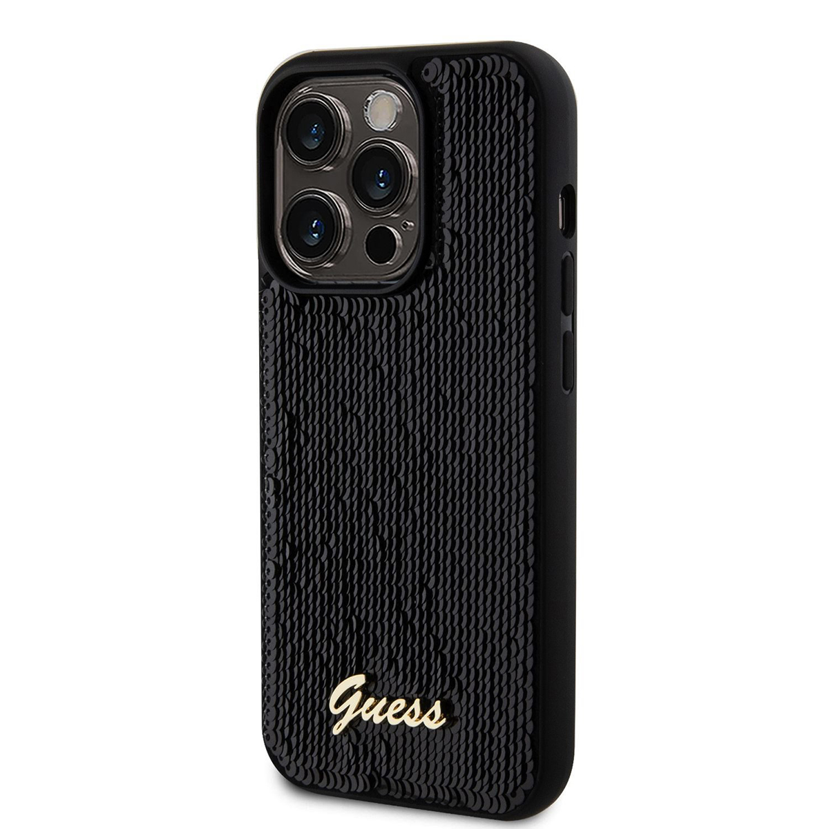 Custodia nera per telefono con paillettes e logo Guess. Sfondo nero. Sfondo bianco.