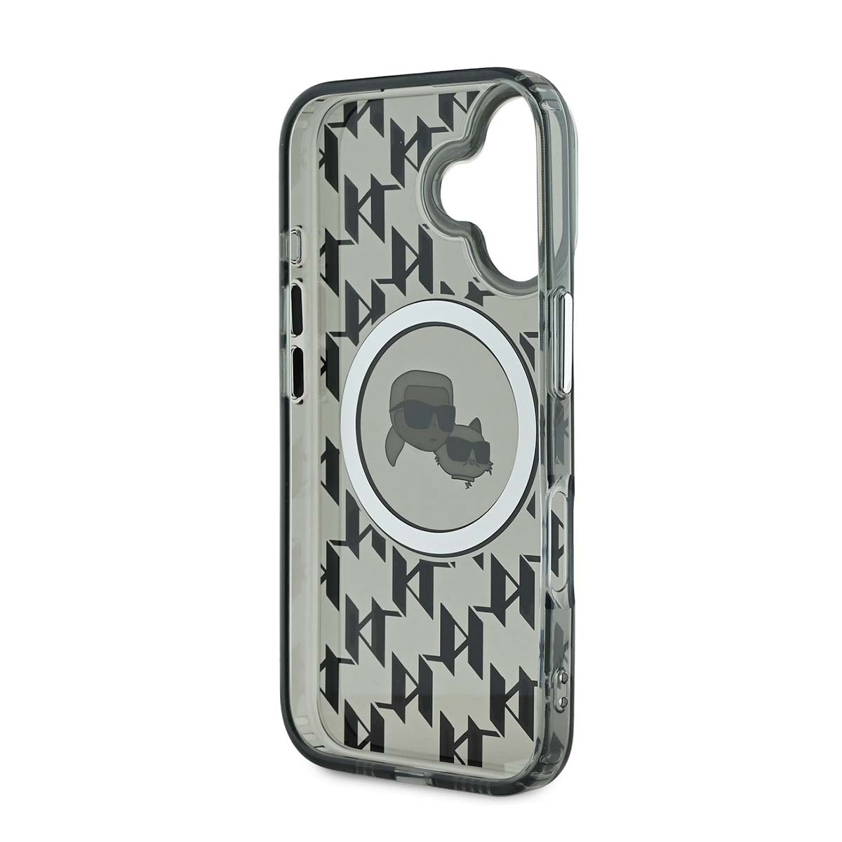 Custodia trasparente per telefono con logo Karl Lagerfeld e design di gatto. Sfondo bianco.