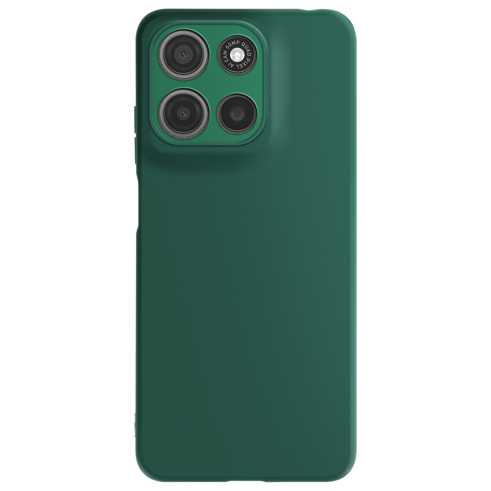 Custodia verde per telefono con dettagli della fotocamera. La custodia è verde. La fotocamera è nera.