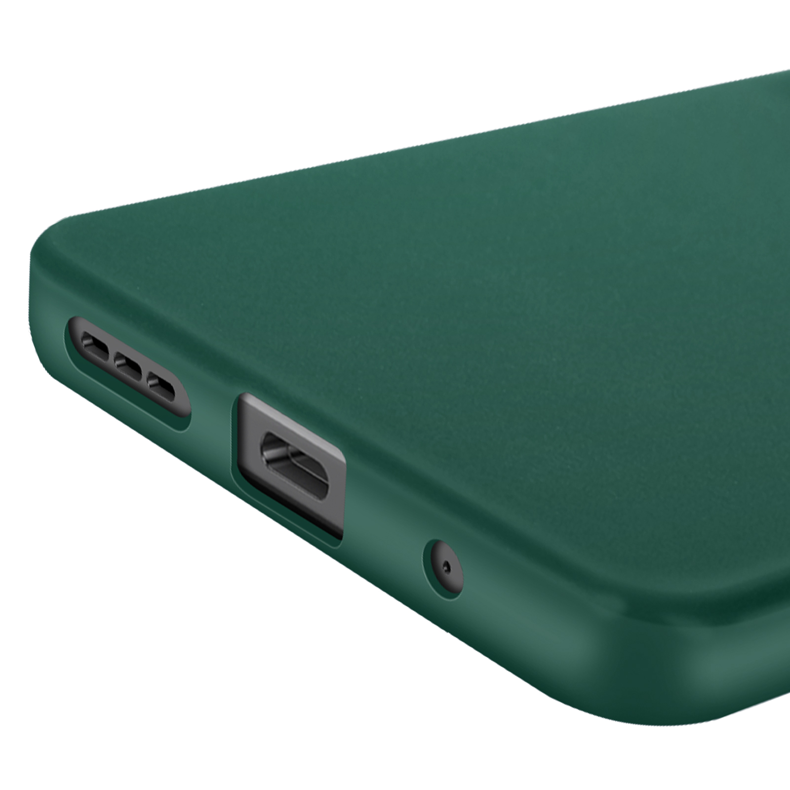 Primo piano di un telefono verde con porta di ricarica e altoparlanti.