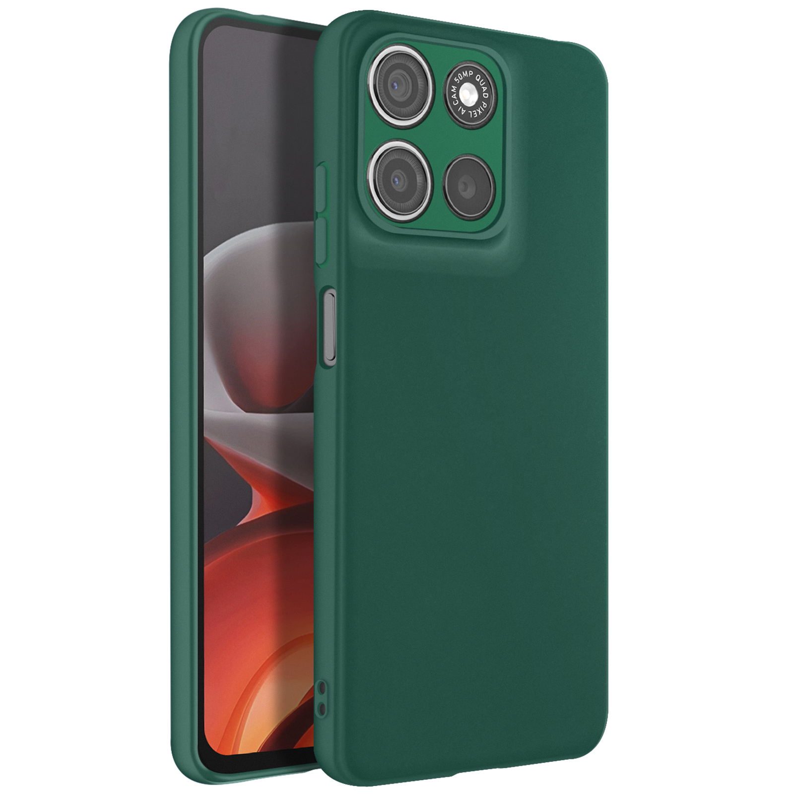 Custodia verde per telefono con dettagli della fotocamera. La custodia è verde. La fotocamera è nera.