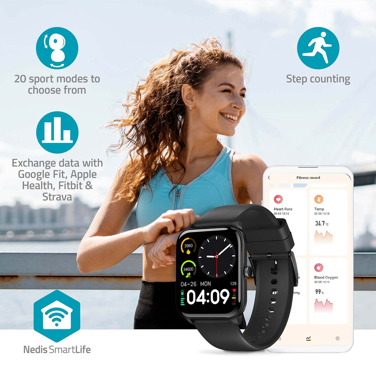 Woman wearing a smartwatch while jogging. The watch displays time, steps, and more. Nearby icons show features.