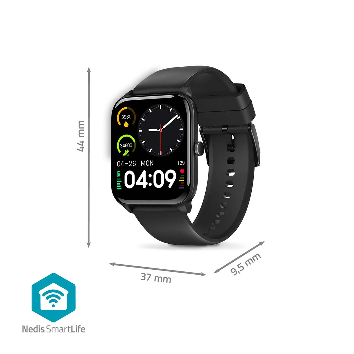 Black smartwatch with dimensions. It is 44mm high, 37mm wide, and 9.5mm thick.