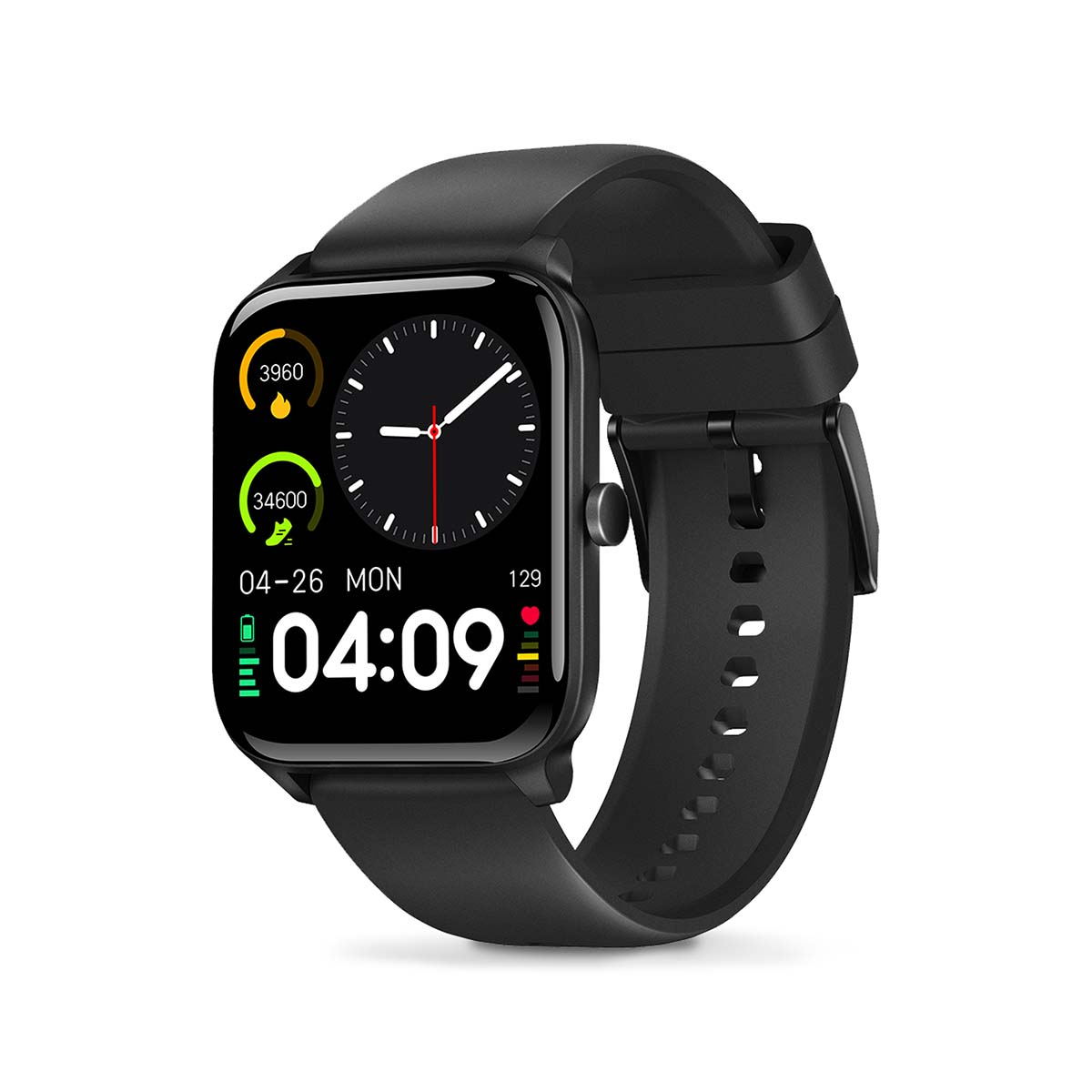 A black smartwatch with a square face displaying the time. It has a black strap.