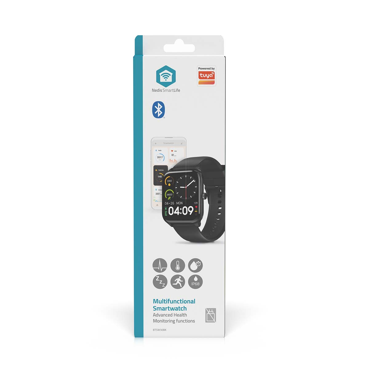 A product box, showing a smartwatch with a black strap on a white background.