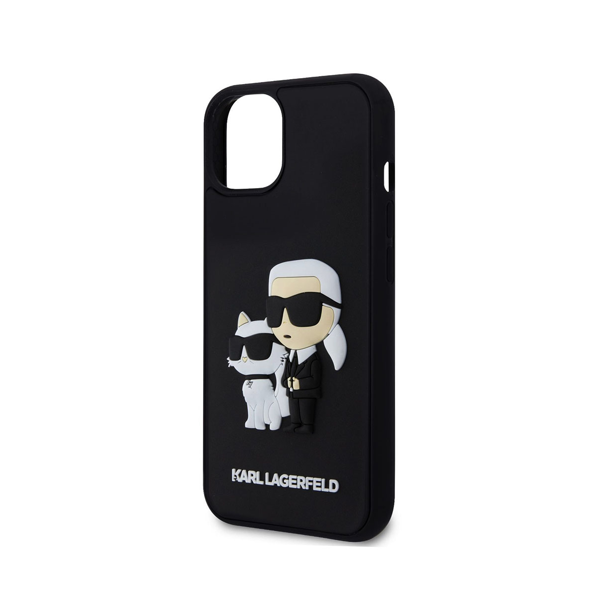 Custodia nera con figure di Karl Lagerfeld e gatto. Sfondo bianco.