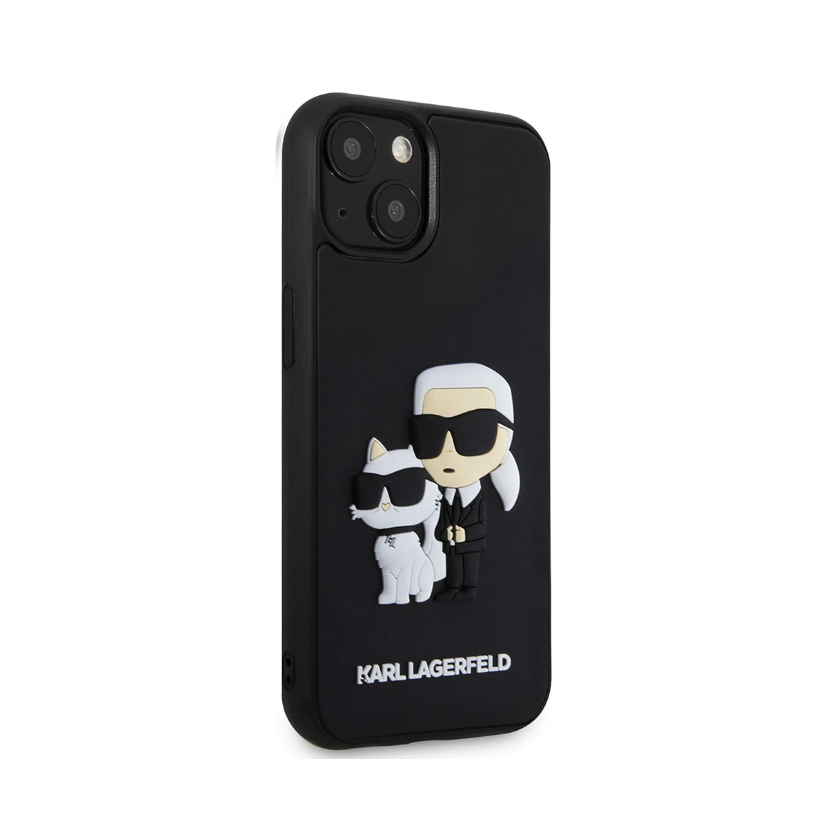 Custodia nera per telefono con design Karl Lagerfeld. Il telefono è visibile con sfondo bianco.