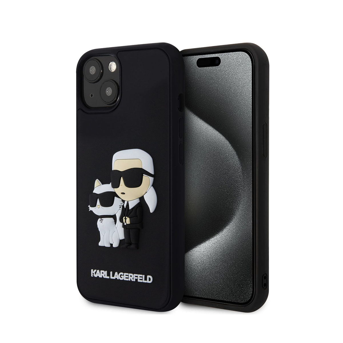 Custodia nera per telefono con design Karl Lagerfeld. Il telefono è all'interno, con sfondo bianco.