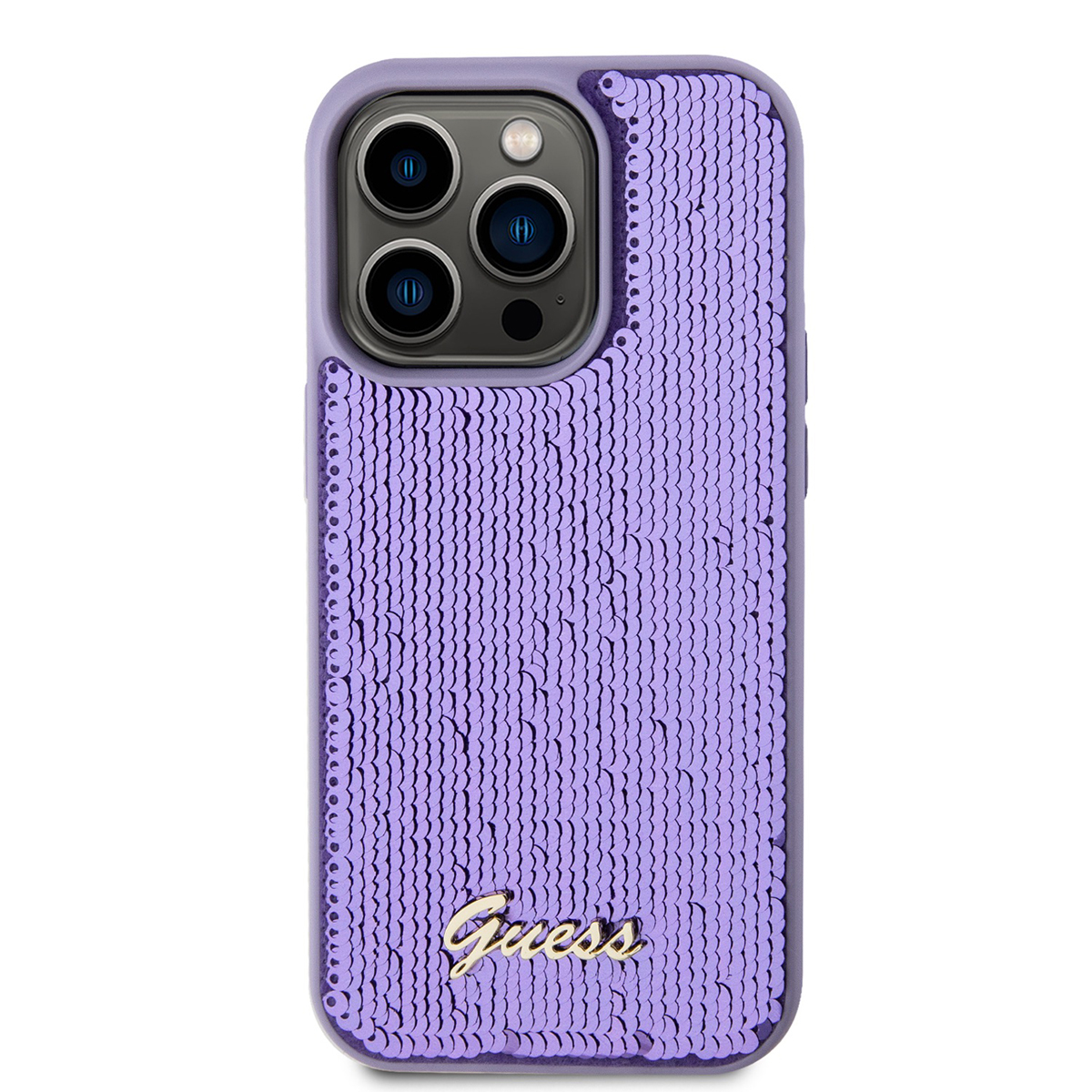 Custodia viola con paillettes, logo 'Guess' dorato e fotocamere.