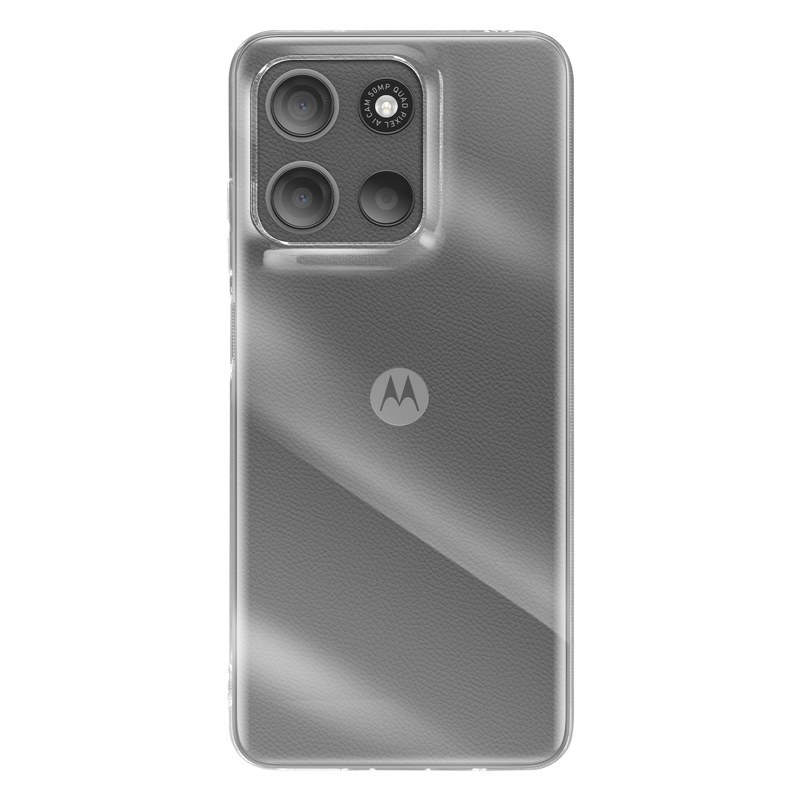 Coque de téléphone transparente sur un téléphone. Le téléphone a une bosse de caméra avec trois lentilles. Fond blanc.