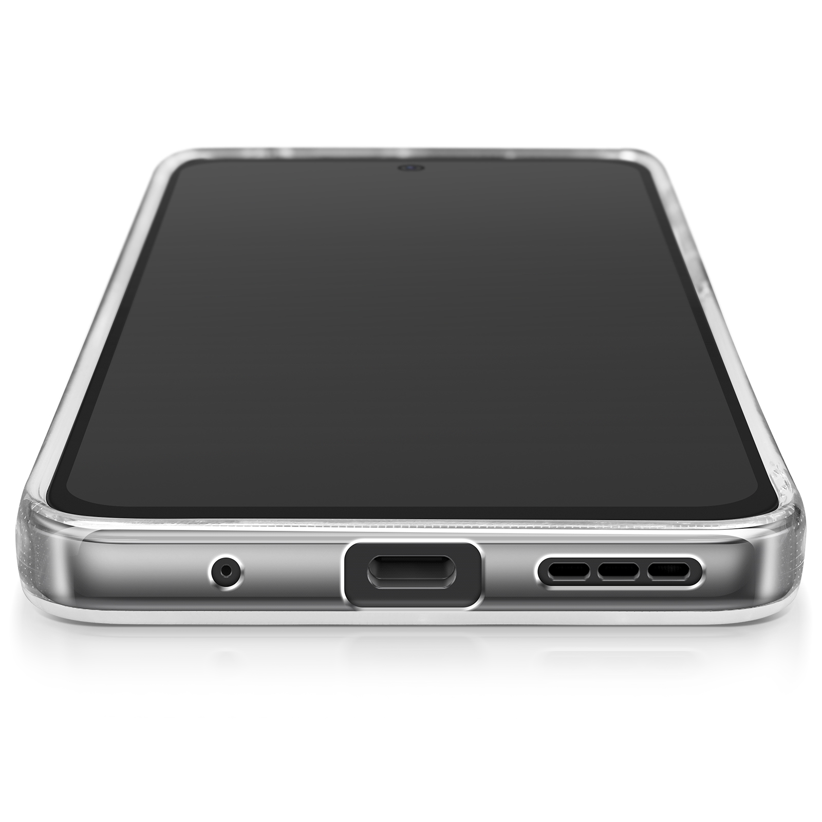 Coque de téléphone transparente avec ports et boutons visibles. La coque est sur une surface blanche.