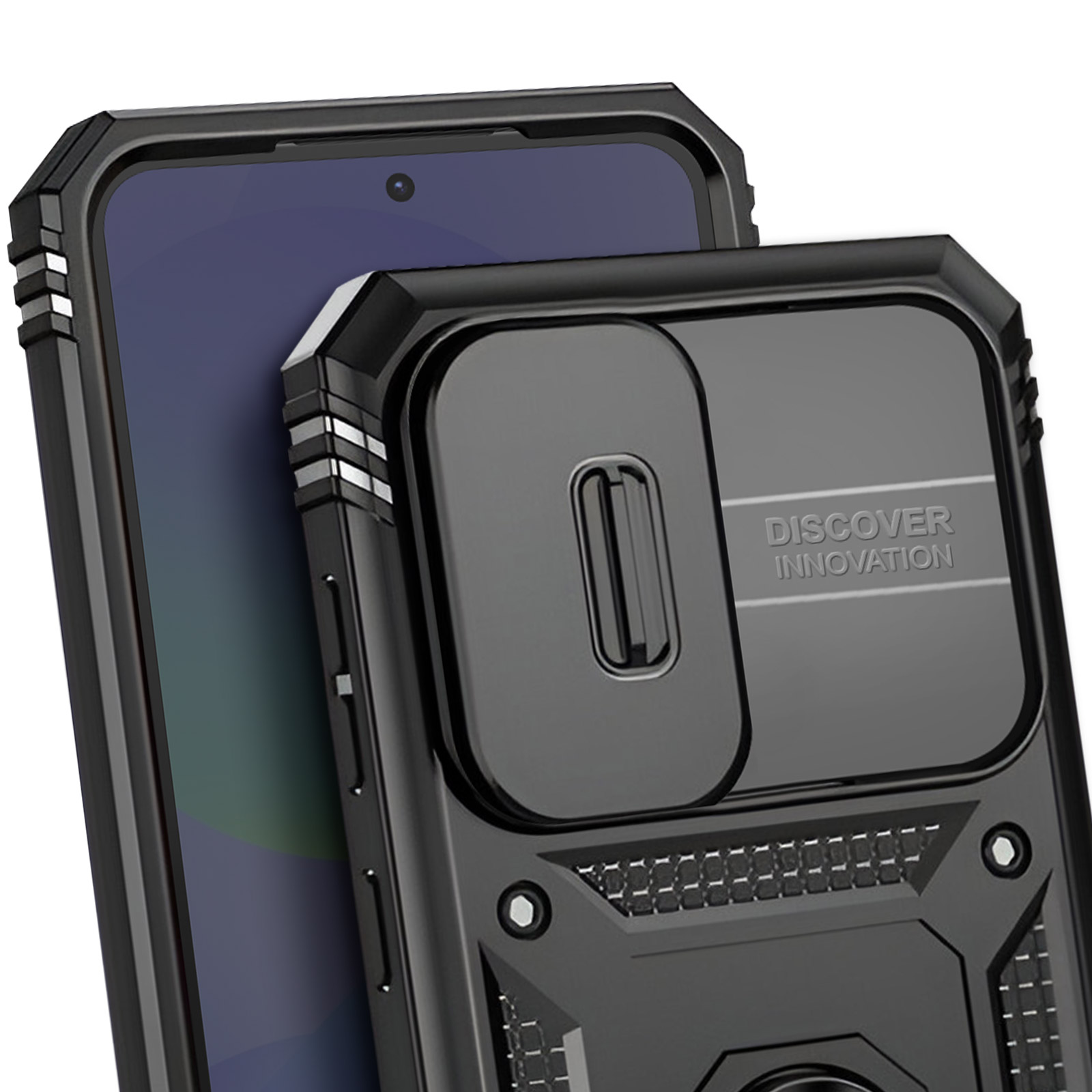 Zwarte telefoonhoes met een cameralensafdekking. De telefoon is gedeeltelijk zichtbaar.