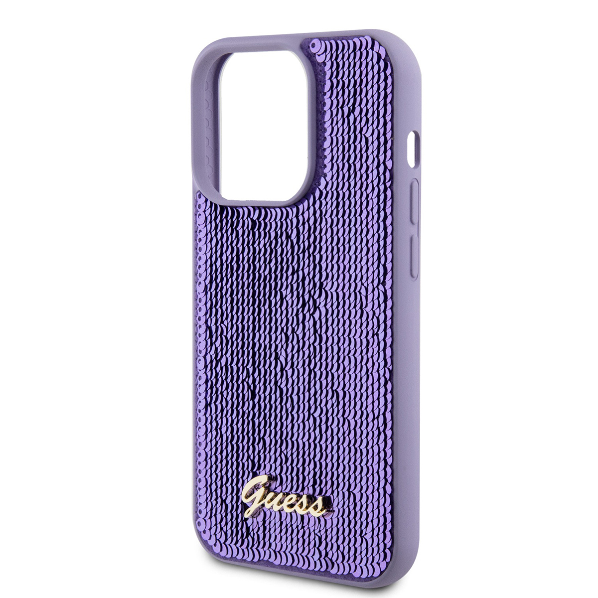 Custodia viola con paillettes e logo 'Guess' dorato.