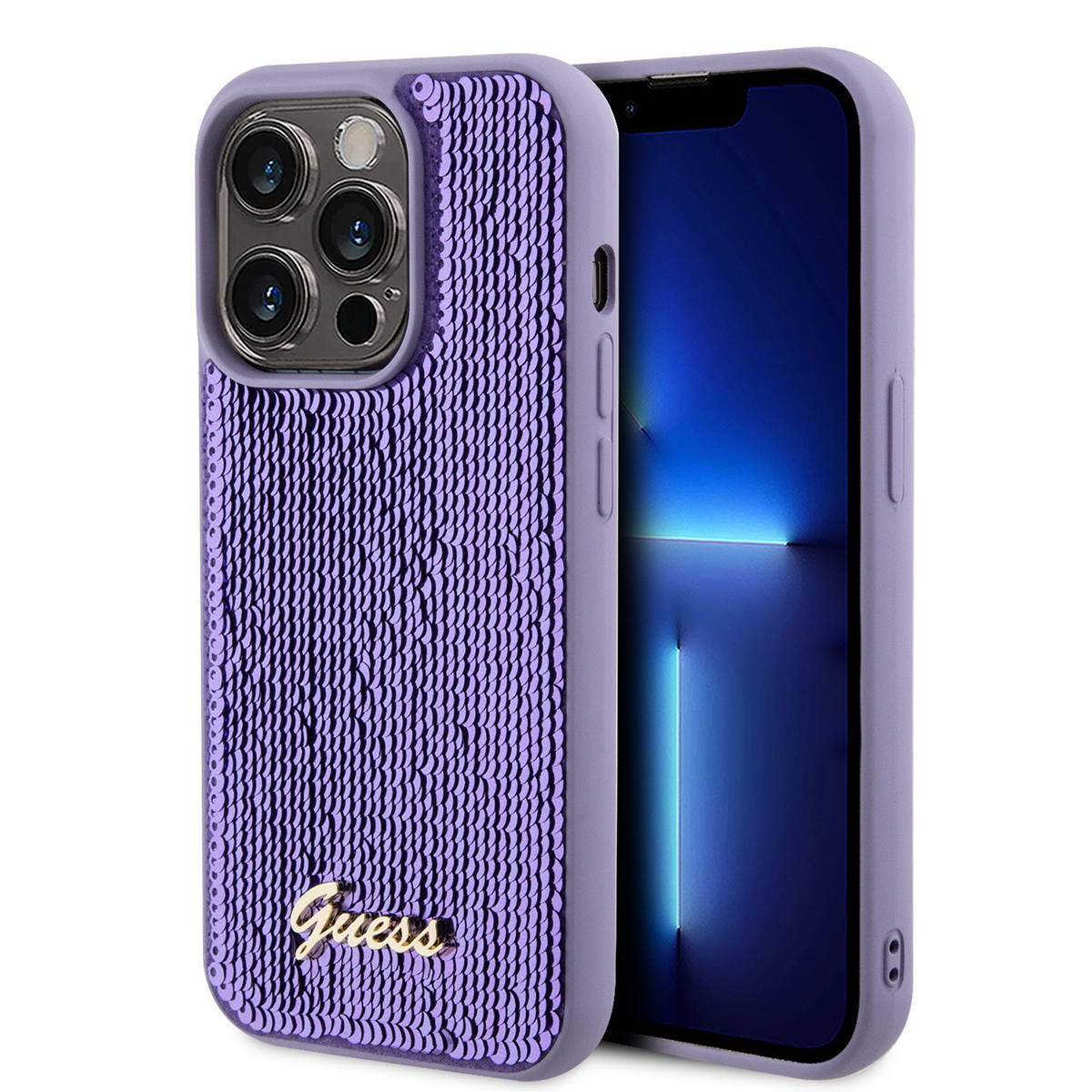 Custodia viola con paillettes, logo 'Guess' dorato e telefono in mostra.