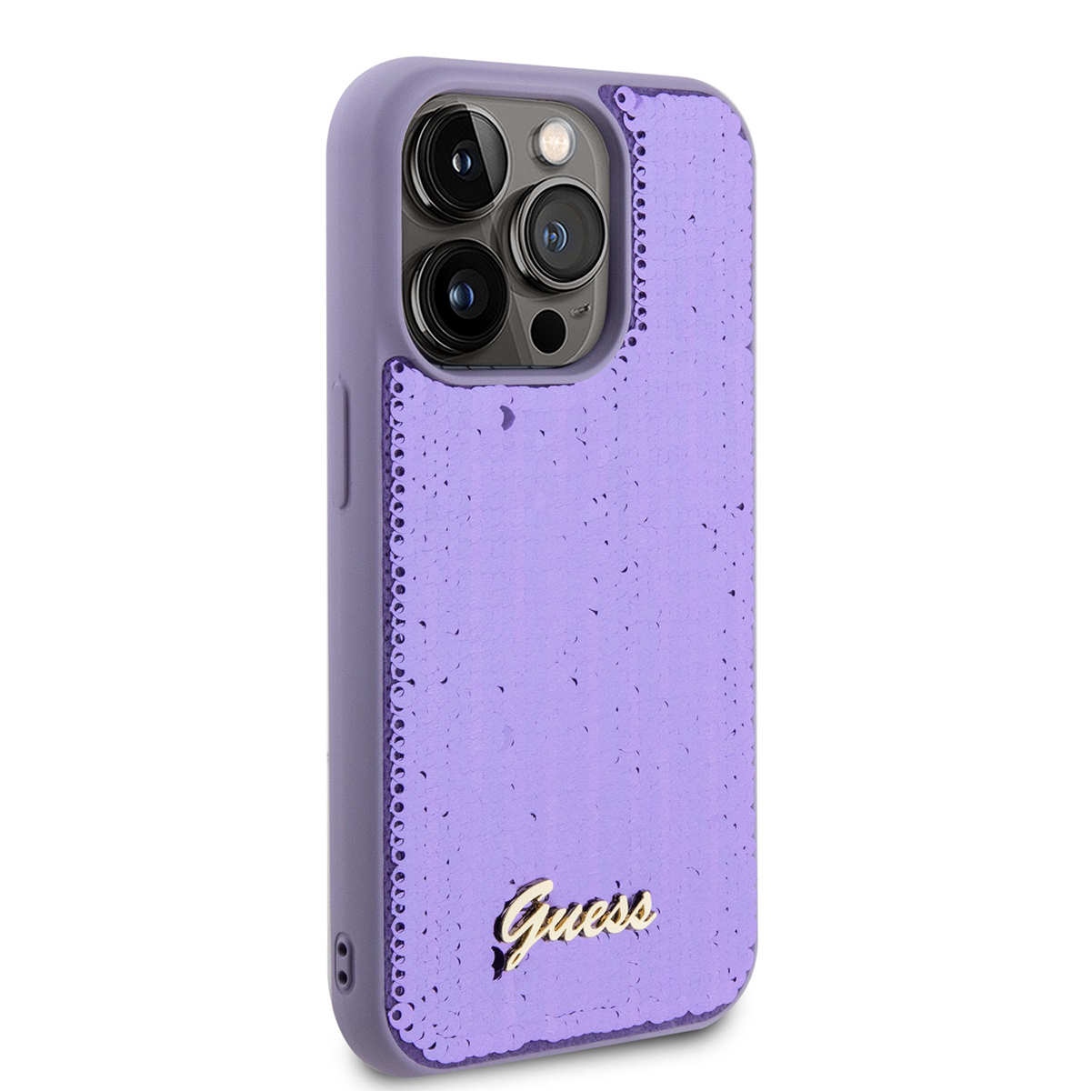 Custodia viola con paillettes, logo 'Guess' dorato e fotocamere.