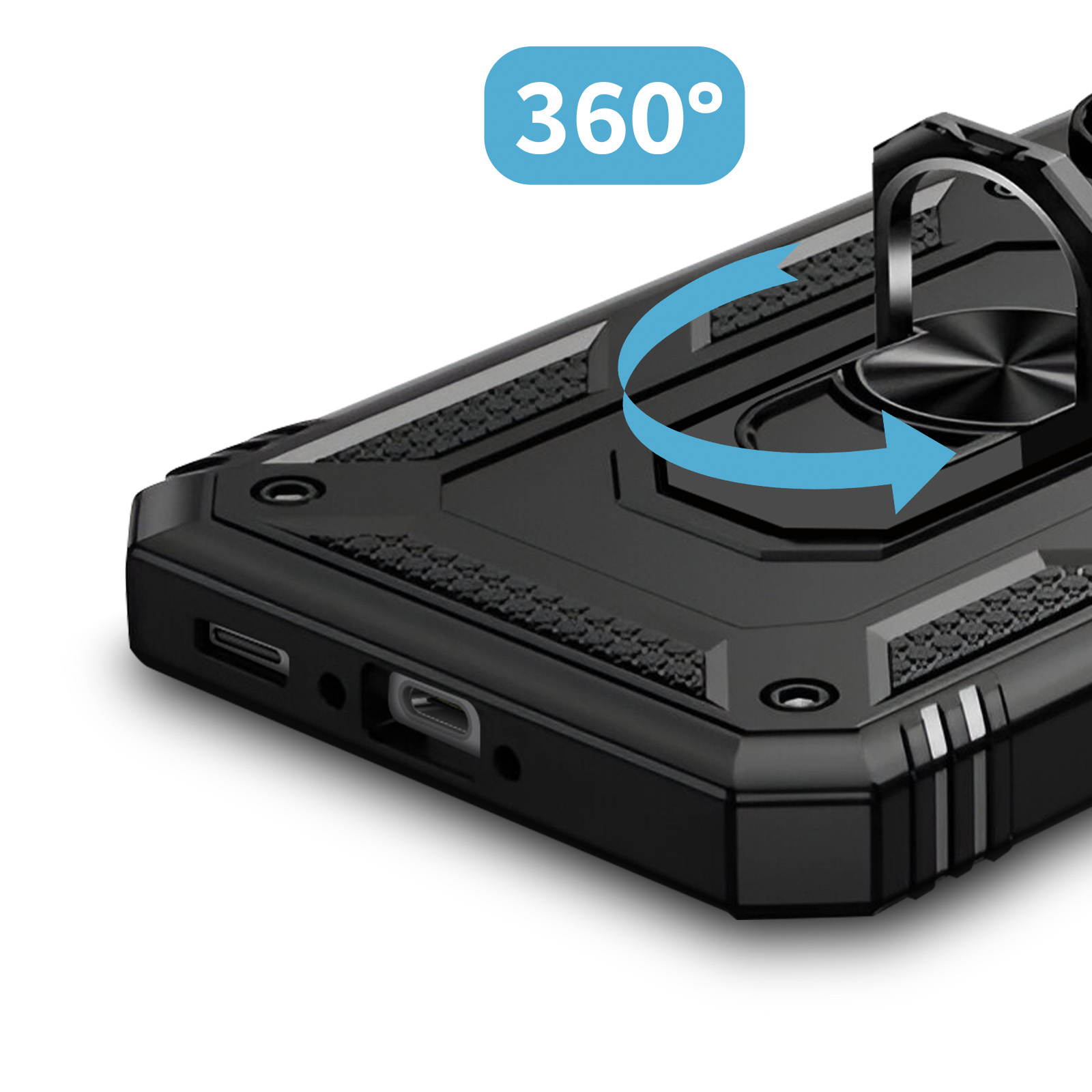 Zwarte telefoonhoes met ring, die de 360° rotatiefunctie laat zien.
