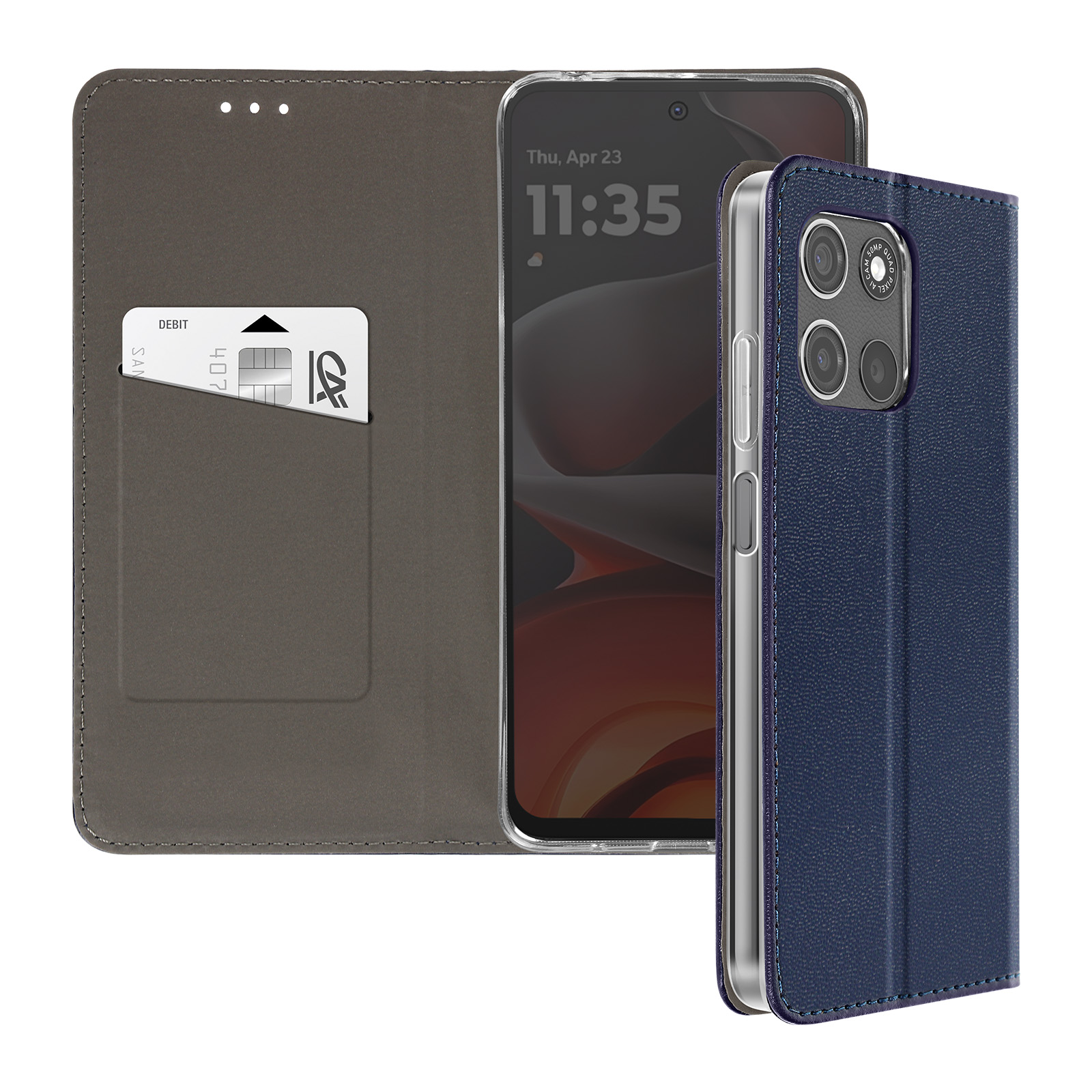 Uno smartphone in una custodia blu con un portafoglio. Una carta di debito è visibile all'interno del portafoglio.