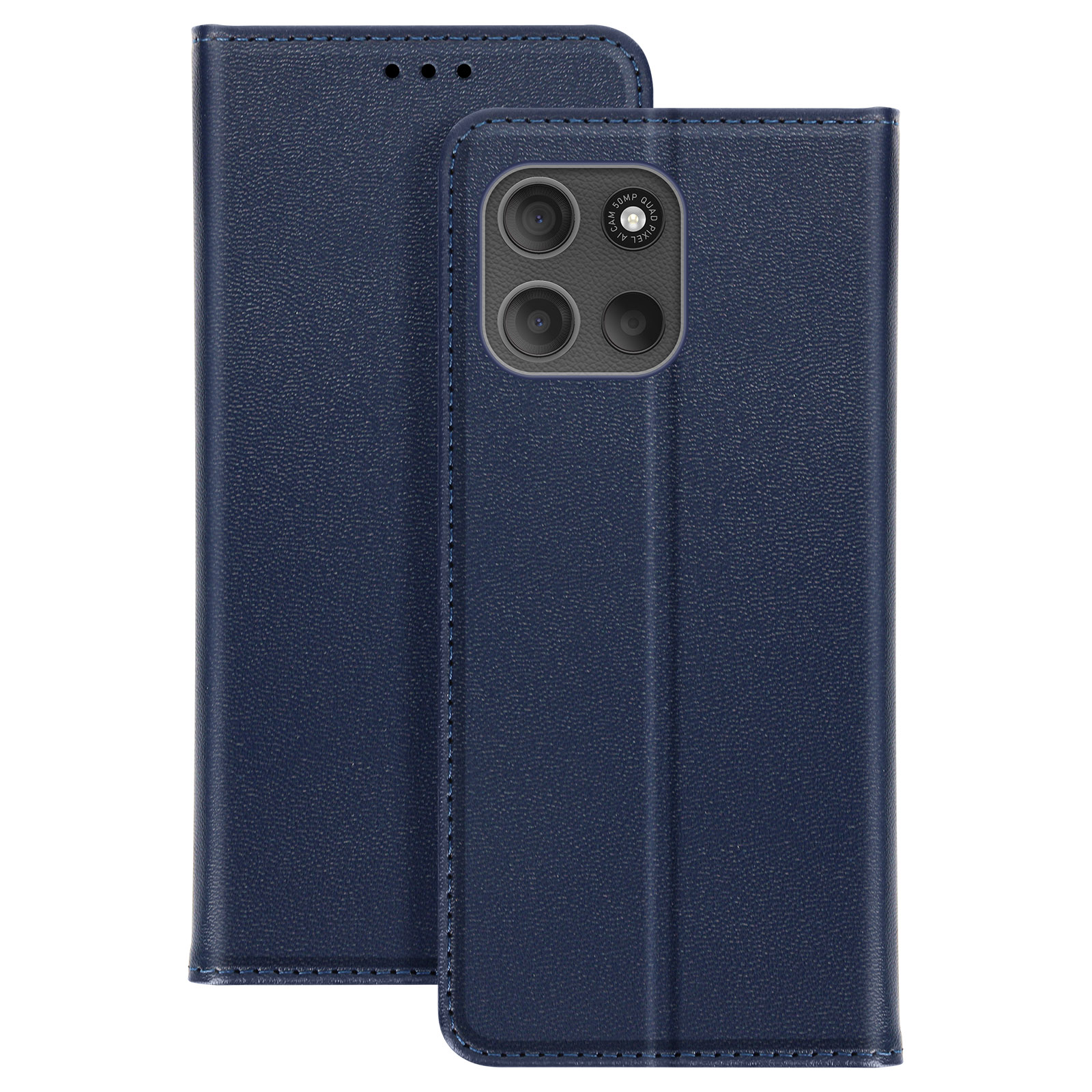 Custodia blu per telefono con fori per fotocamera. Aperta, mostra un telefono. Sfondo bianco.