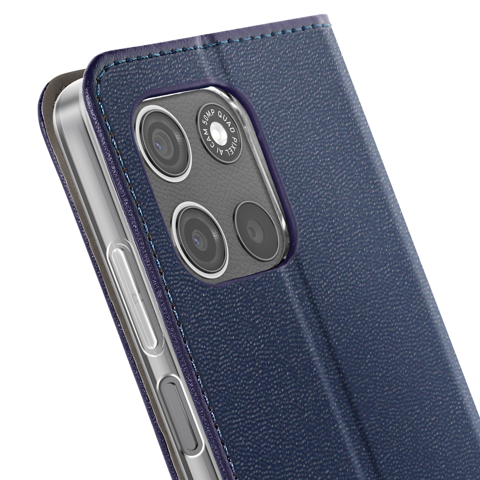 Custodia blu per telefono con un telefono all'interno e un rigonfiamento della fotocamera visibile. Sfondo bianco.