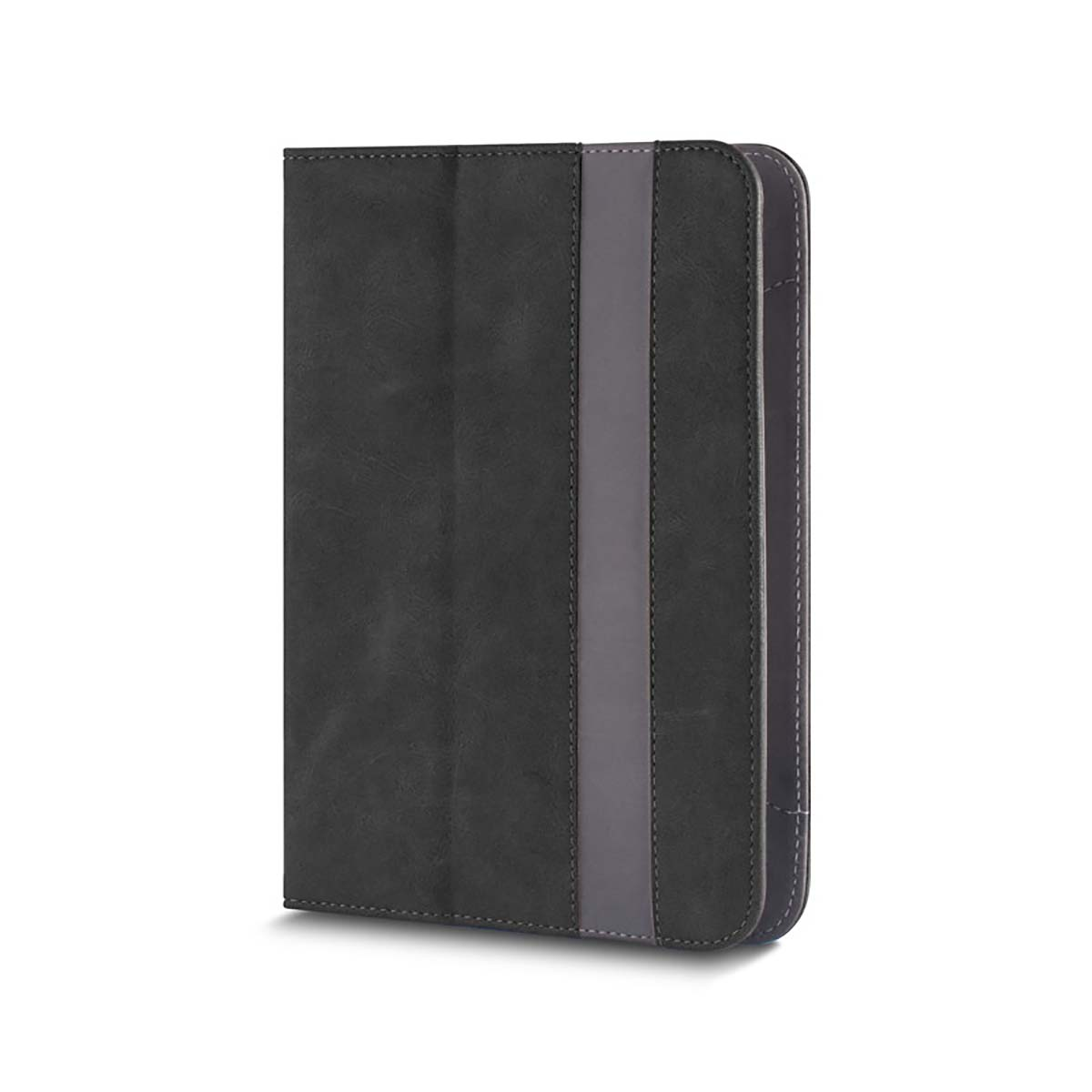 Una custodia per tablet chiusa, grigio scuro e nera. Una striscia grigia corre lungo il centro.