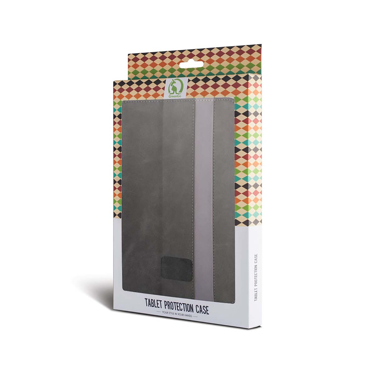 Custodia per tablet in confezione, sfondo bianco. La custodia è grigia. Testo Tablet Protection Case.