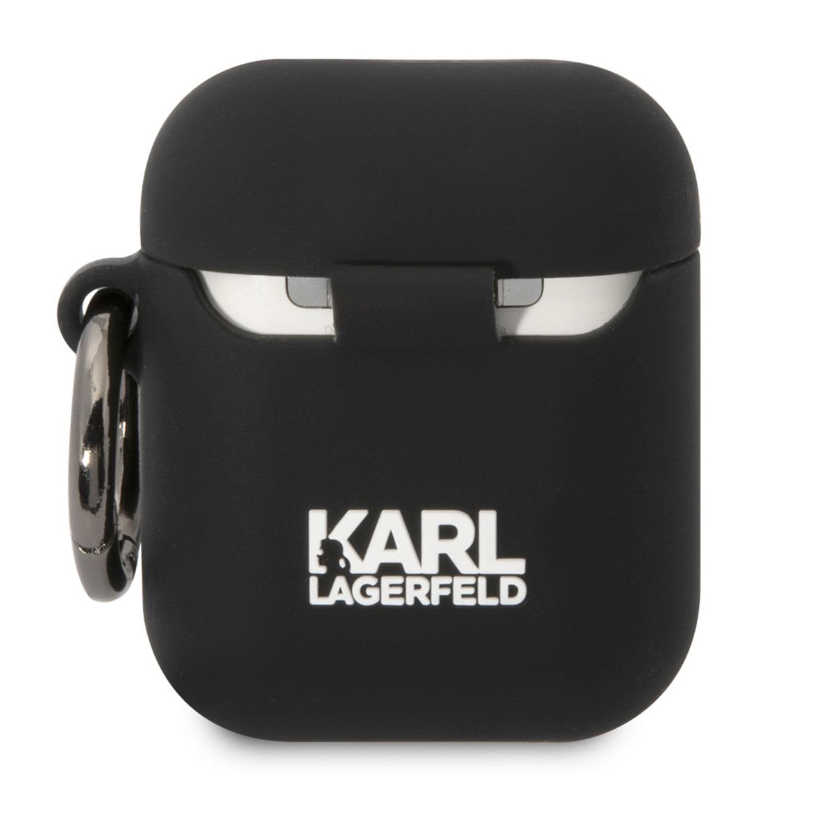 Custodia nera Karl Lagerfeld per AirPods. Testo bianco sul davanti. Anello argentato. Sfondo bianco.