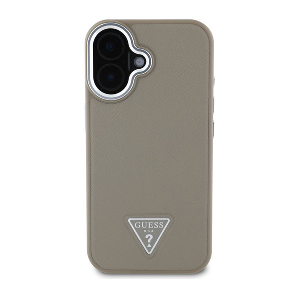 Custodia color cachi per telefono con logo Guess e fori per fotocamera. Sfondo bianco.