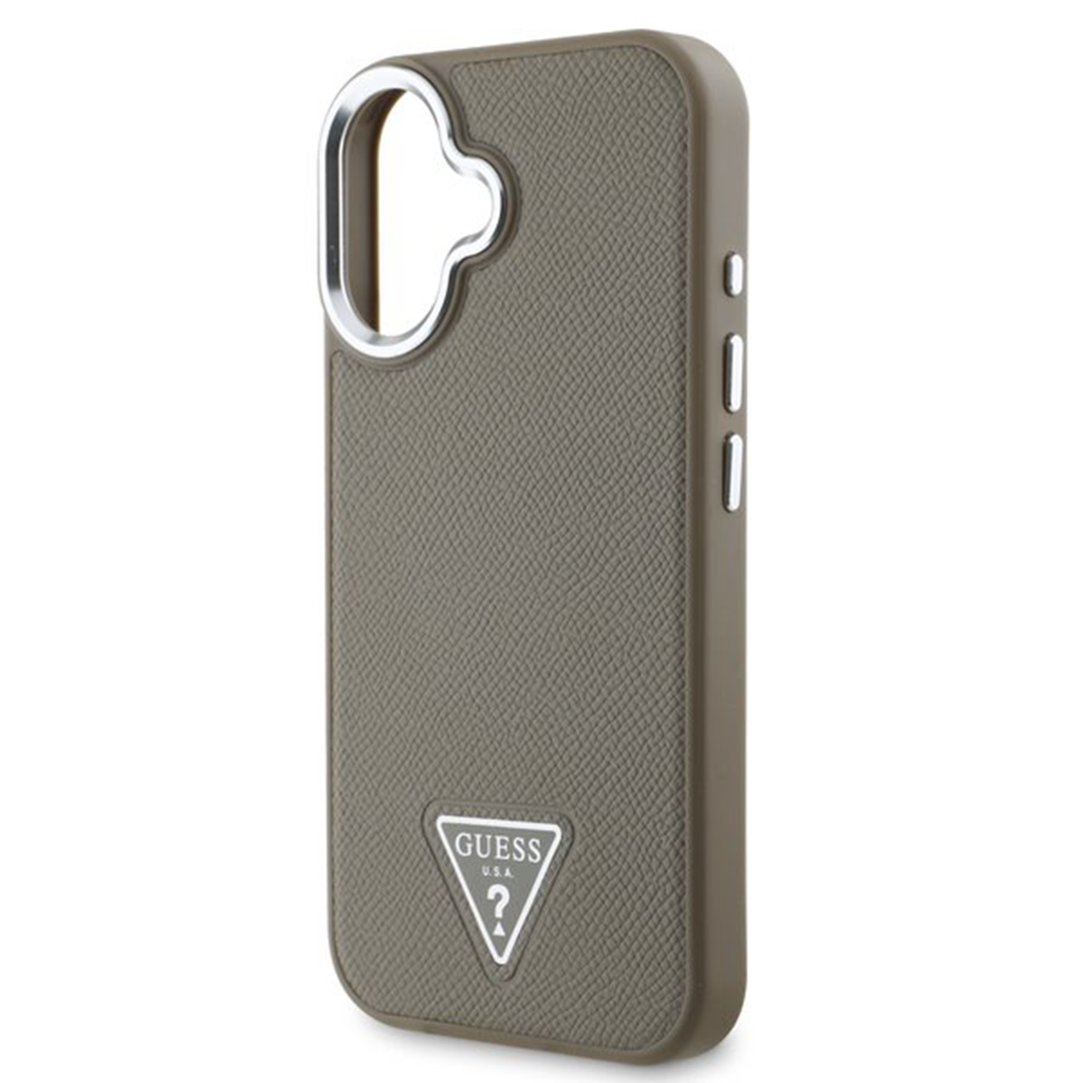 Custodia per telefono verde oliva con logo Guess. Presenta un foro per la fotocamera e un anello di metallo nella parte superiore.