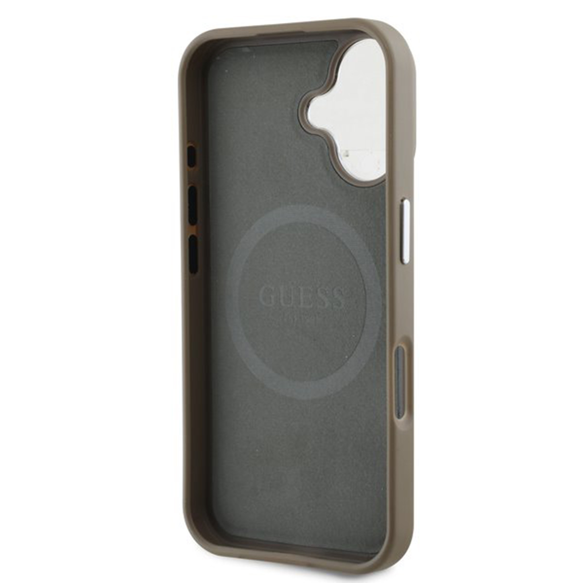 Interno della custodia color cachi per telefono, con logo Guess. Sfondo bianco.