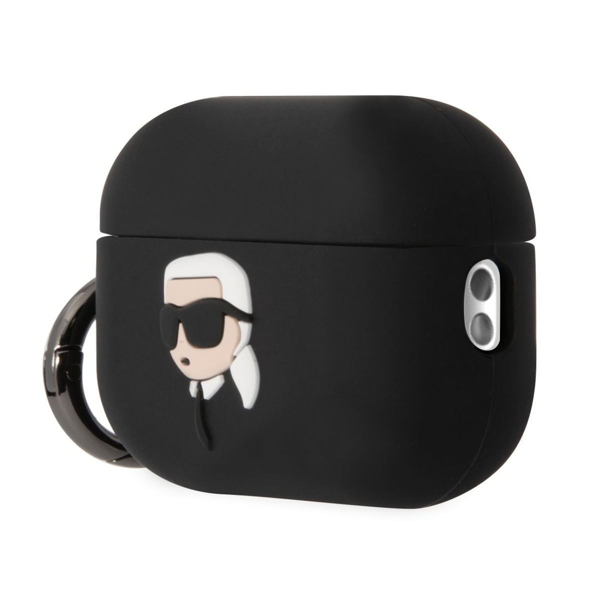Funda negra Karl Lagerfeld para AirPods con cierre plateado. Fondo blanco.
