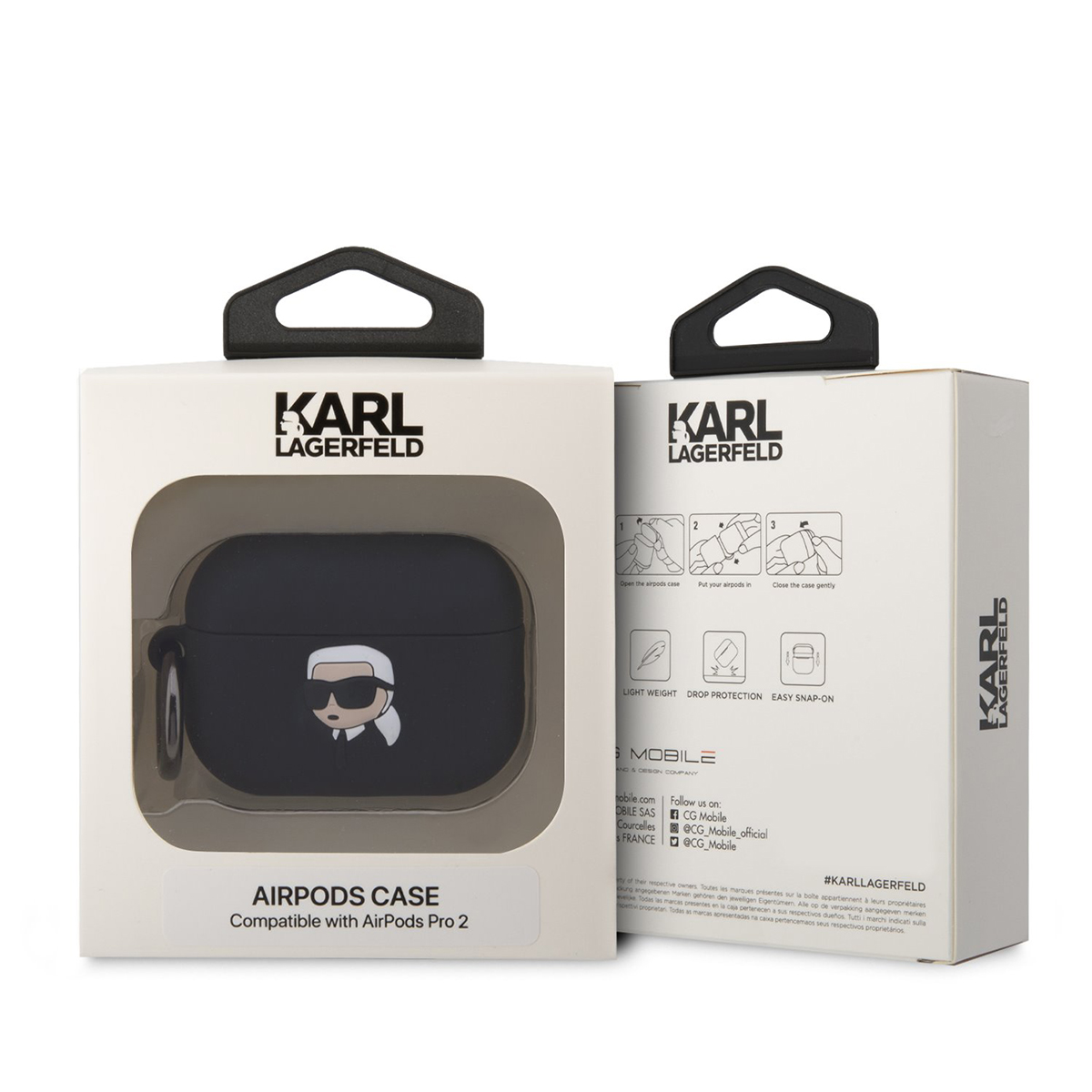 Caja de la funda Karl Lagerfeld AirPods Pro 2. Fondo blanco. Texto e imágenes en la caja.