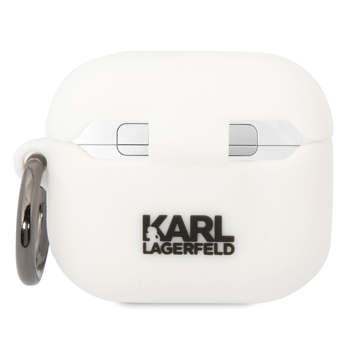 Funda blanca Karl Lagerfeld para AirPods con un anillo negro y el logotipo de la marca.