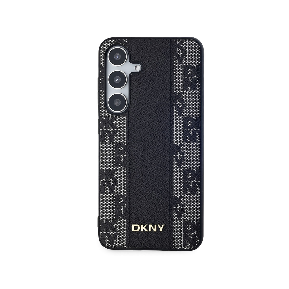 Custodia DKNY nera. Motivo DKNY bianco. Tre lenti della fotocamera. Testo DKNY dorato.