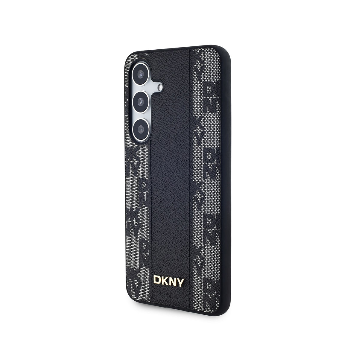 Custodia DKNY nera. Motivo DKNY bianco. Tre lenti della fotocamera. Testo DKNY dorato.