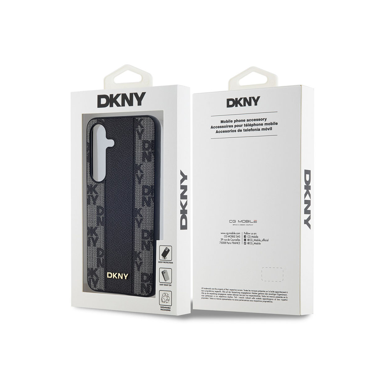 Confezione della custodia DKNY. Due lati della scatola. Custodia visibile attraverso la finestra.