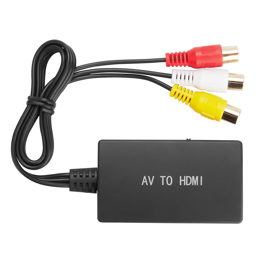 Schwarzer AV-zu-HDMI-Konverter mit roten, weißen und gelben Cinch-Kabeln und einem schwarzen Kabel.