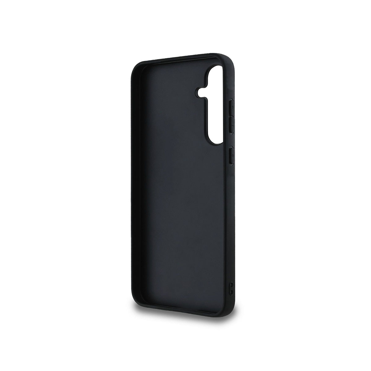 Una custodia nera per telefono, con fori per fotocamera e pulsanti. Nero semplice, design semplice.