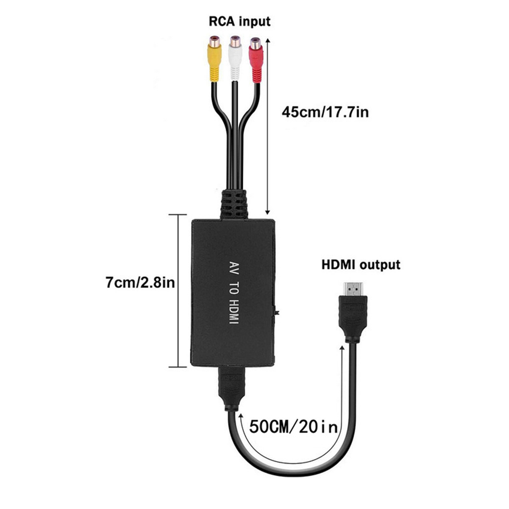 Ein AV-zu-HDMI-Adapter mit Cinch- und HDMI-Kabeln. Der Adapter ist schwarz, und die Kabel sind beschriftet.