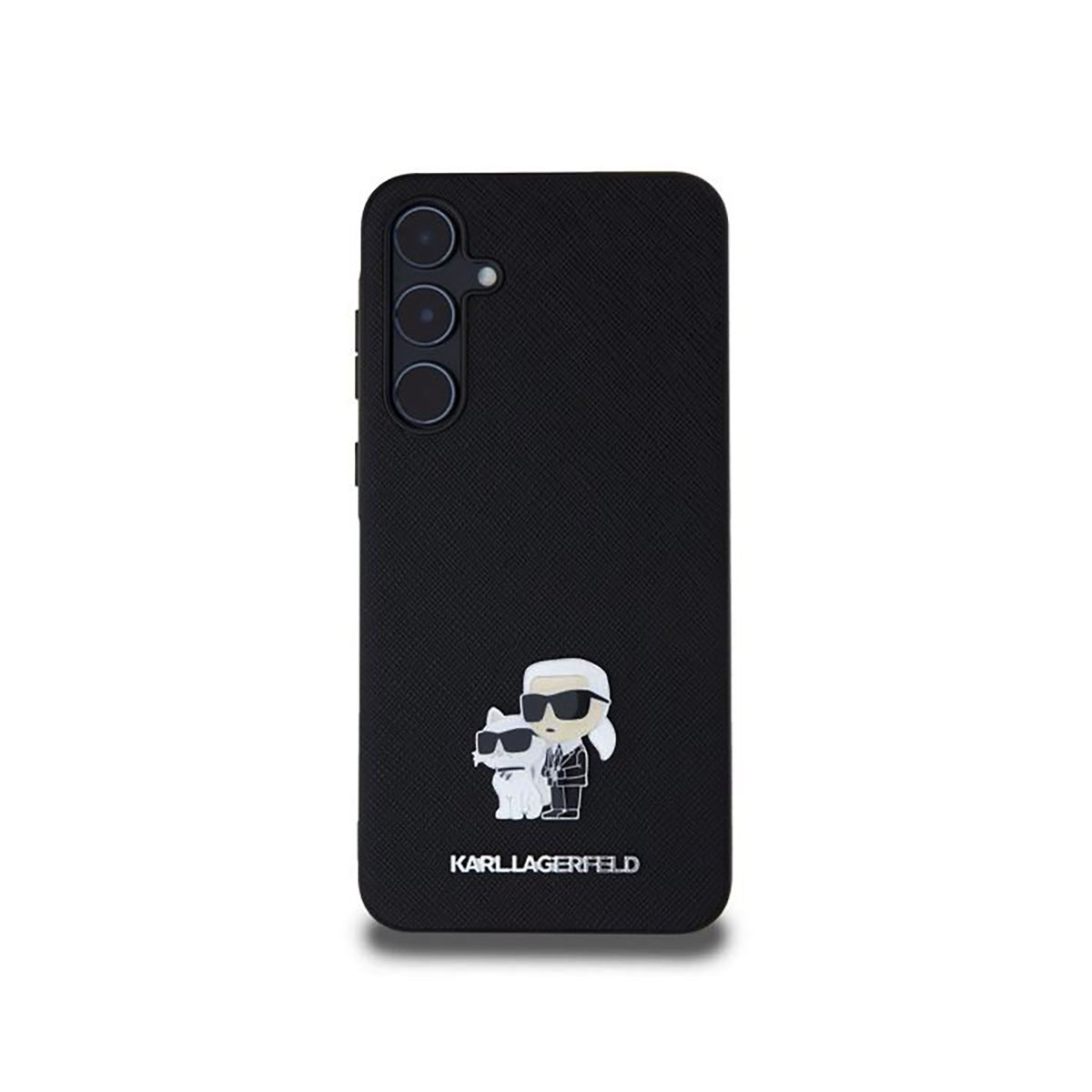 Custodia per telefono nera con design Karl Lagerfeld con una figura e un gatto.