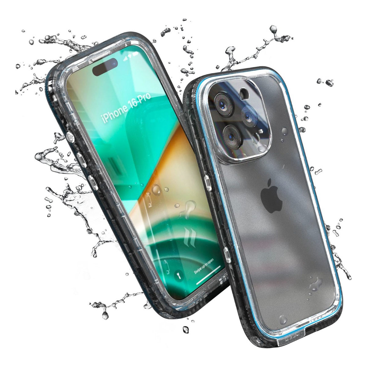 Zwei Handyhüllen mit iPhone darin. Die Hüllen sind transparent und schwarz, mit Wasserspritzern um sie herum.