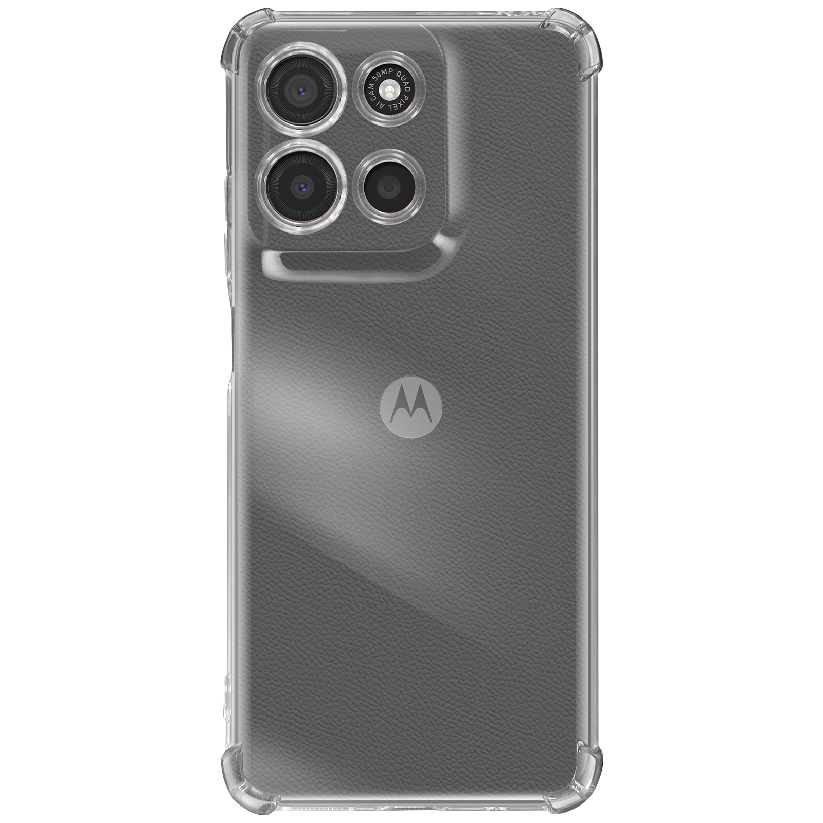 Custodia trasparente su telefono grigio testurizzato. Logo Motorola visibile. Quattro lenti.
