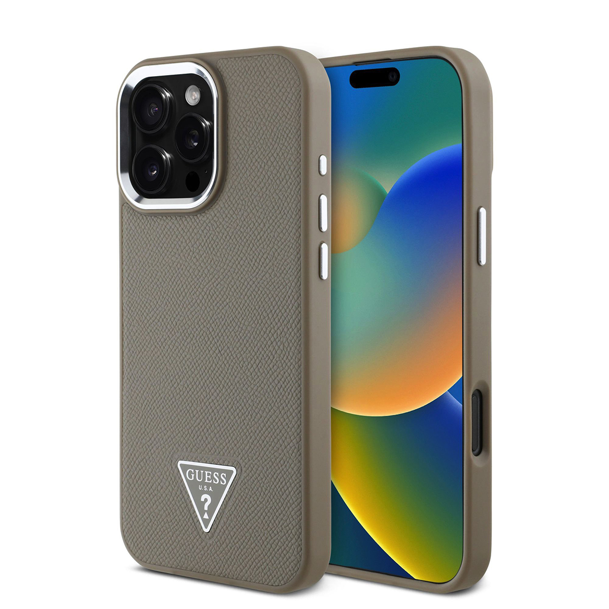 Taupefarbene Handyhülle mit Guess-Logo, die ein Telefon im Inneren zeigt. Die Seiten der Hülle sind metallisch.