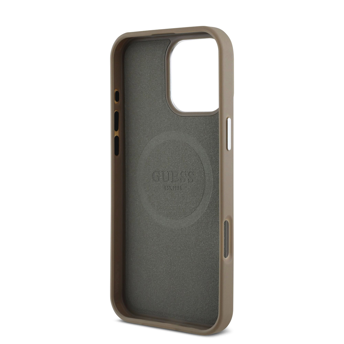 Innenseite einer taupefarbenen Handyhülle mit Guess-Logo.