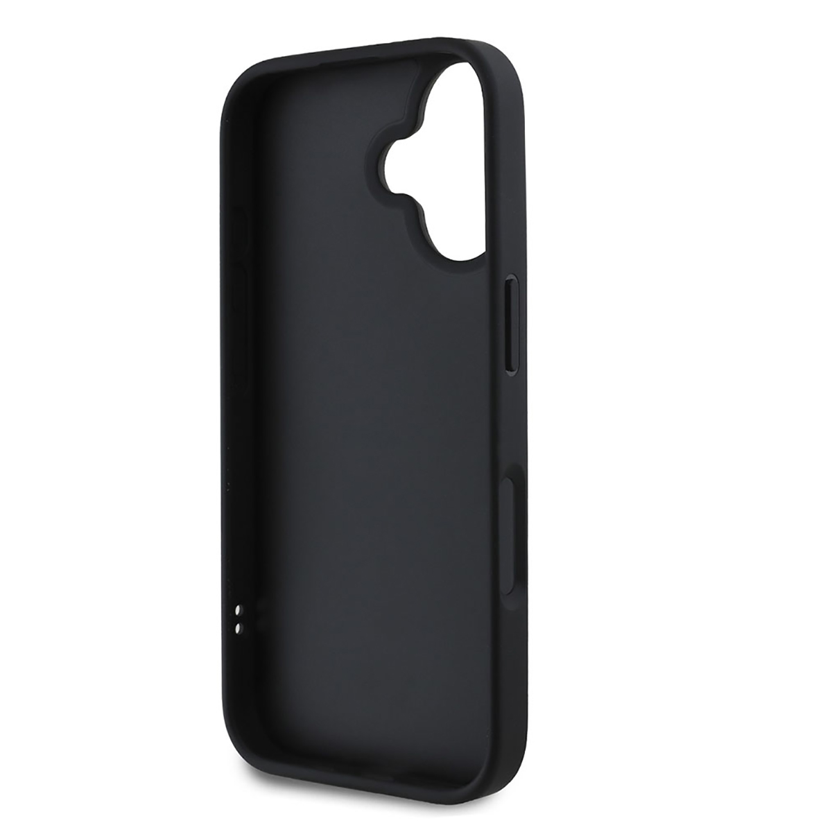 Custodia per telefono nera con ritagli per pulsanti, porta di ricarica e altoparlante. Design semplice e lineare.
