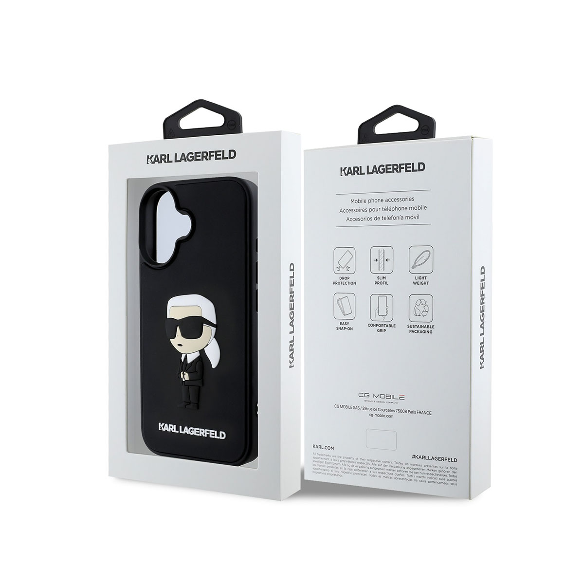 Due custodie per telefono in una scatola bianca, ciascuna con un design nero Karl Lagerfeld.