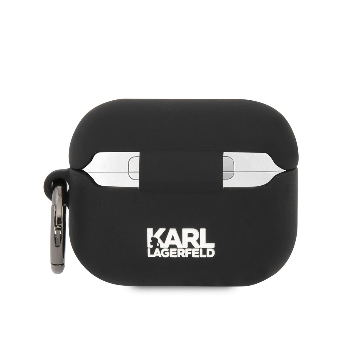 Estuche negro para auriculares con logotipo blanco Karl Lagerfeld y cierre plateado.